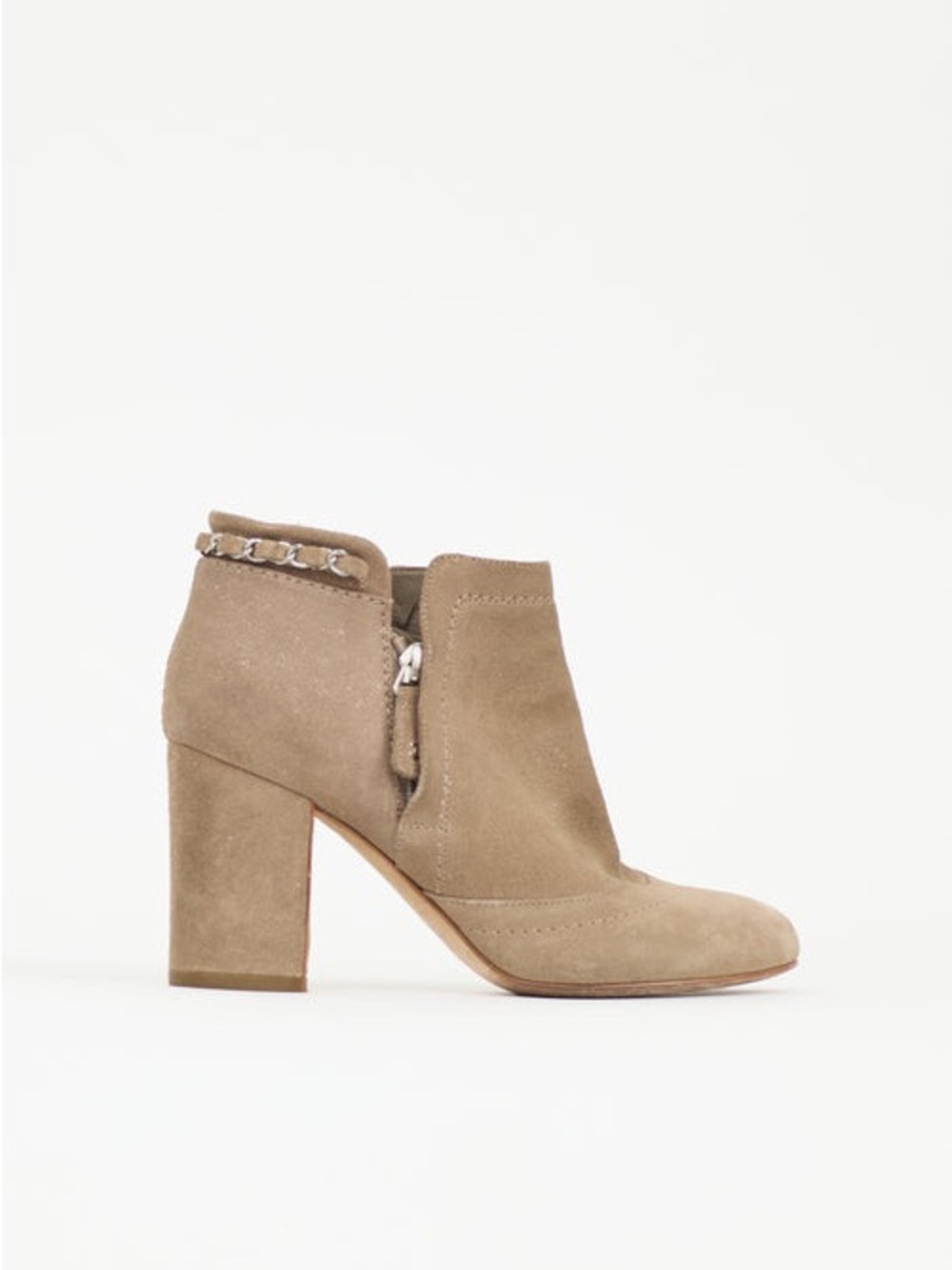 CHANEL Taupe Suede Gold Chain-Trim Ankle Block Heel Logo Chanel Booties, 7.5